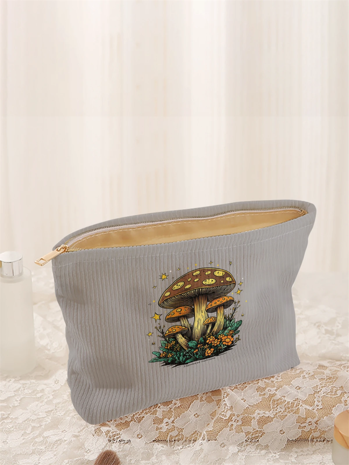 1 mushroom patterned corduroy makeup bag, lightweight zipper makeup storage box, multifunctional bag with lining