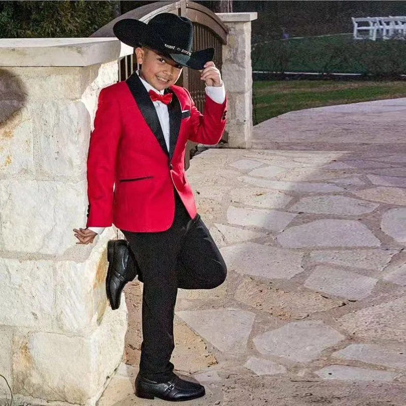 

Fashionable 2 Piece Boys Party Suit One Button Shawl Lapel Kids Formal Wedding Wear Custom Made Child Red Blazer Black Pants