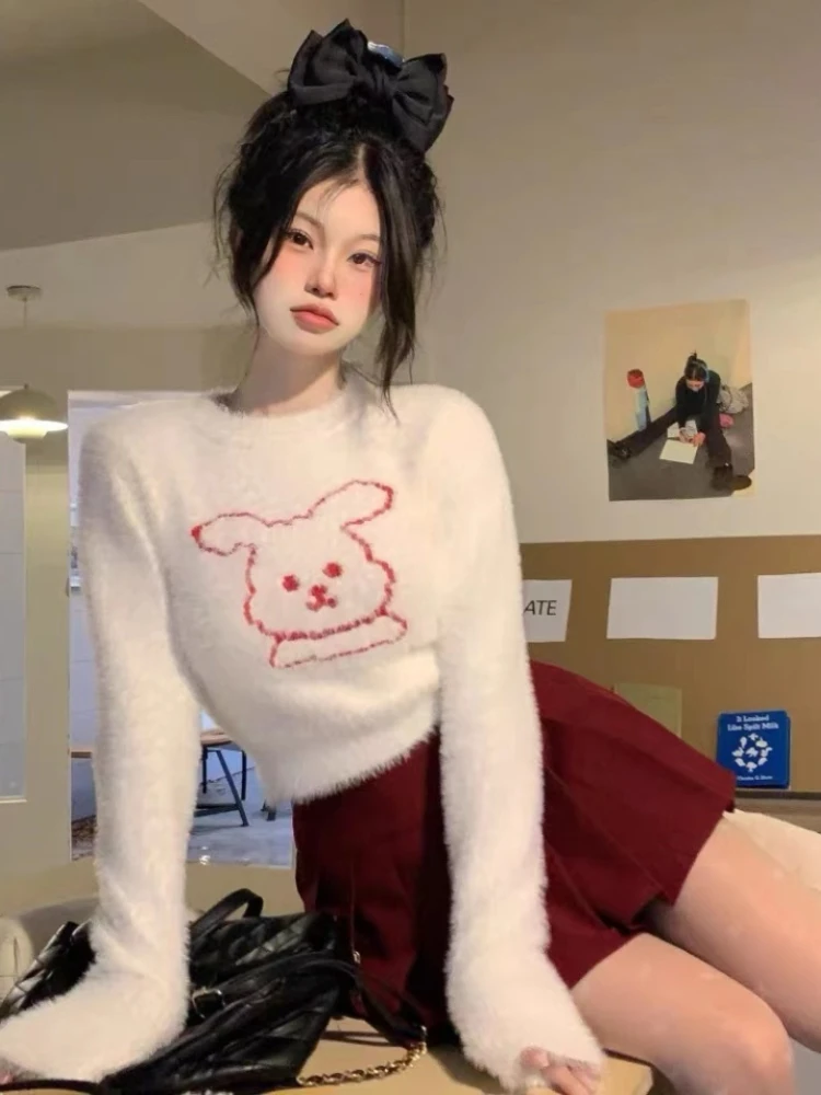 

Deeptown Y2K Harajuku White Cropped Sweater Women Kawaii Rabbit Embroidery Jumper Korean Sweet Cartoon Slim Knitwear Tops 2000s