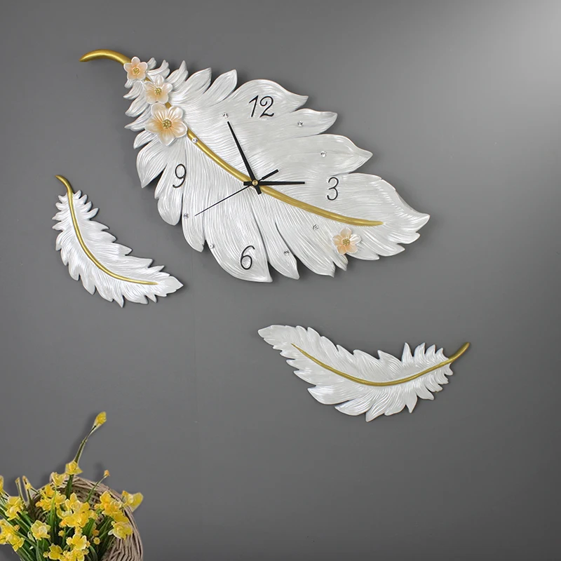 

Simple Modern Resin Feather Wall Clock Wall Hanging Home Livingroom Wall Sticker Crafts Hotel Mute Clock Wall Mural Decoration