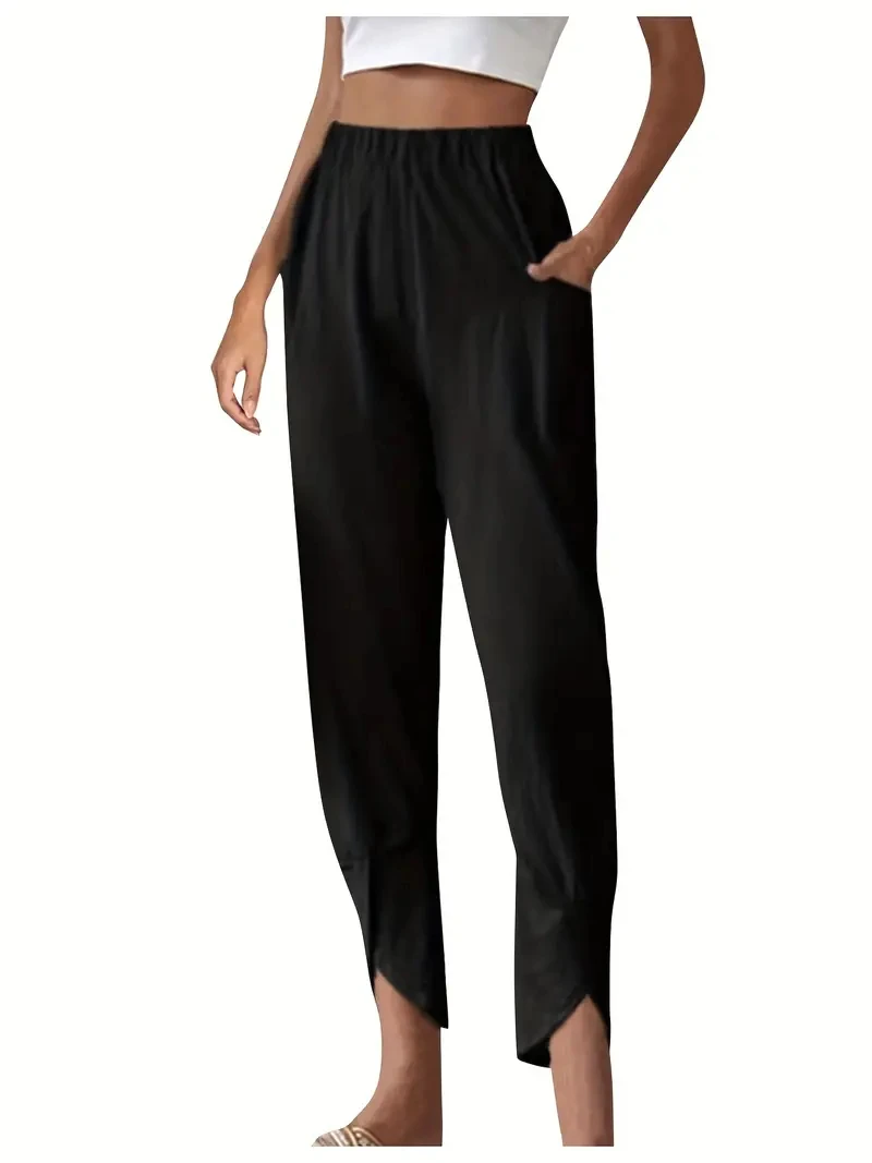 

Women's Cotton Linen Pants Black Pockets Elastic Waist Loose Pants Casual Elegant Fashion Ladies Bottom New Summer