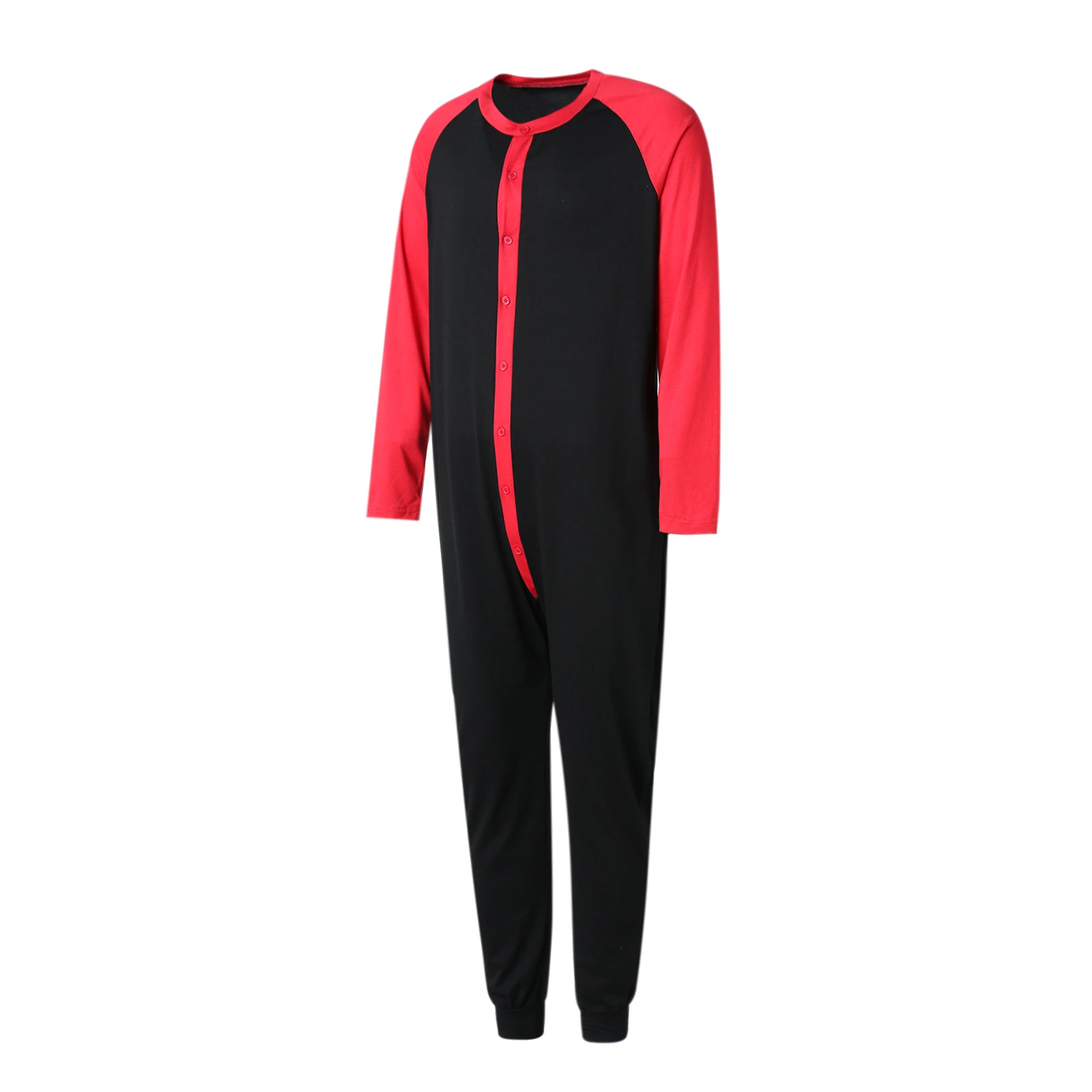 Men Button Down Pajama Long Sleeve Round Neck Color Block Jumpsuit Nightwear For Adults