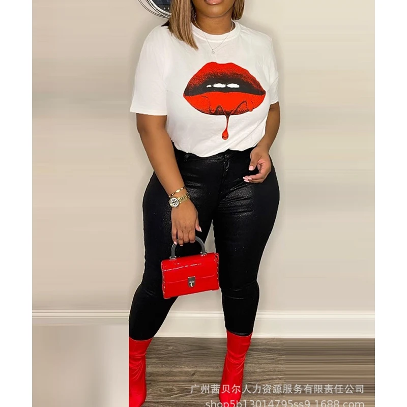

Women Slim Fit Printing Suit Women Summer Short Sleeve O-Neck Pullover T-shirt Top High Waist Zipper Pencil Pants Trousers Suit