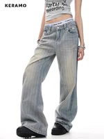 2025 Retro American Waed Striped Hole Denim Jeans Loose High Street Micro Flared Cleanfit Casual Long Trousers for Men And Women - Image 2