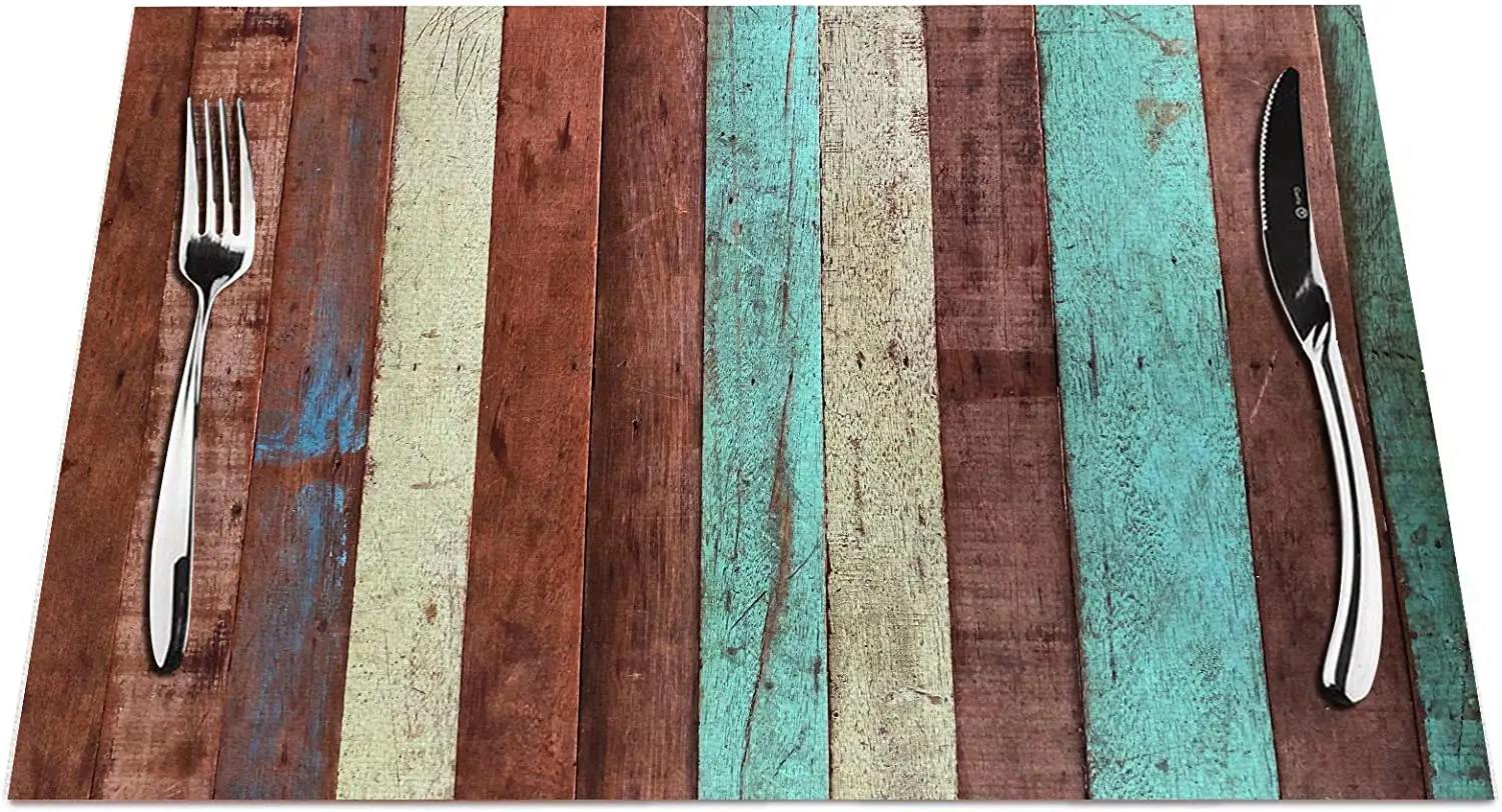 

Stripe Placemats Set of 4, Vintage Plank Wooden Stripe Colorful Placemats Heat Resistant for Dining Table Non-Slip 18x12 Inches