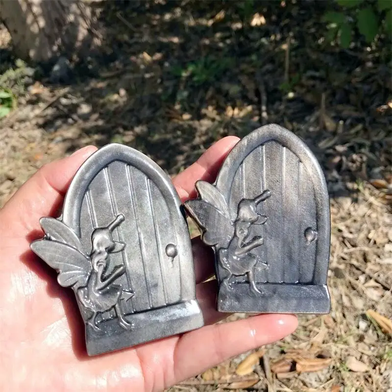 Natural Silver Obsidian Fairy Door Carving Statue Reiki Healing Crystal Home FengShui Decoration Gifts 1PCS 2
