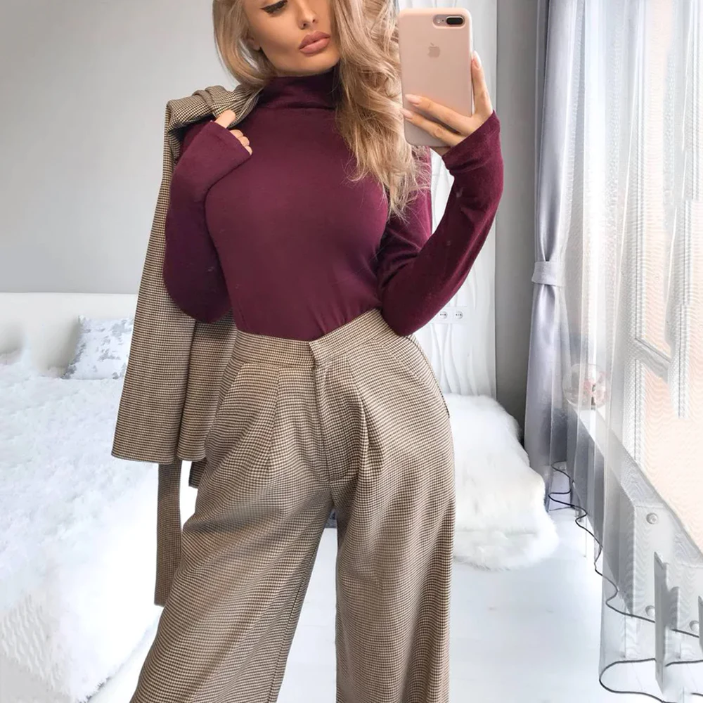 Checked Brown Belted Office Suit 2-Piece Regular Casual Suit For Wedding Party Big Leg Belt Formal Party Suit For Ladies