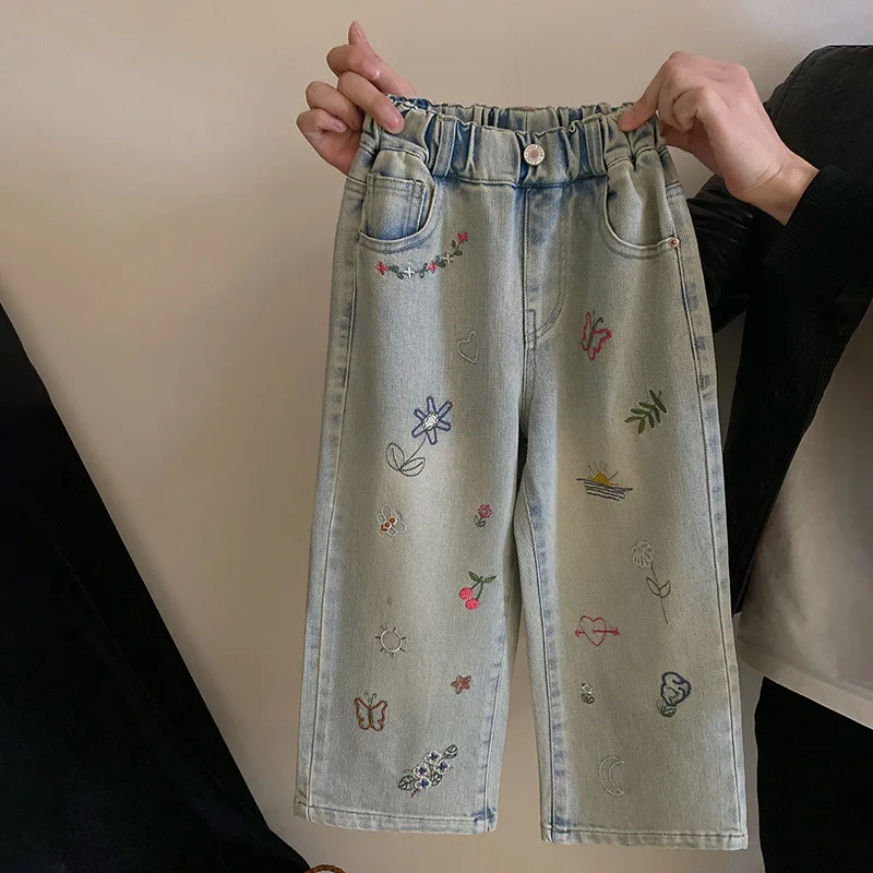 

Kids Pants Korean Girls New Letter Short Sleeved T-shirt Personality Embroidery Jeans Two Piece Elastic Waist 2024 Fashion