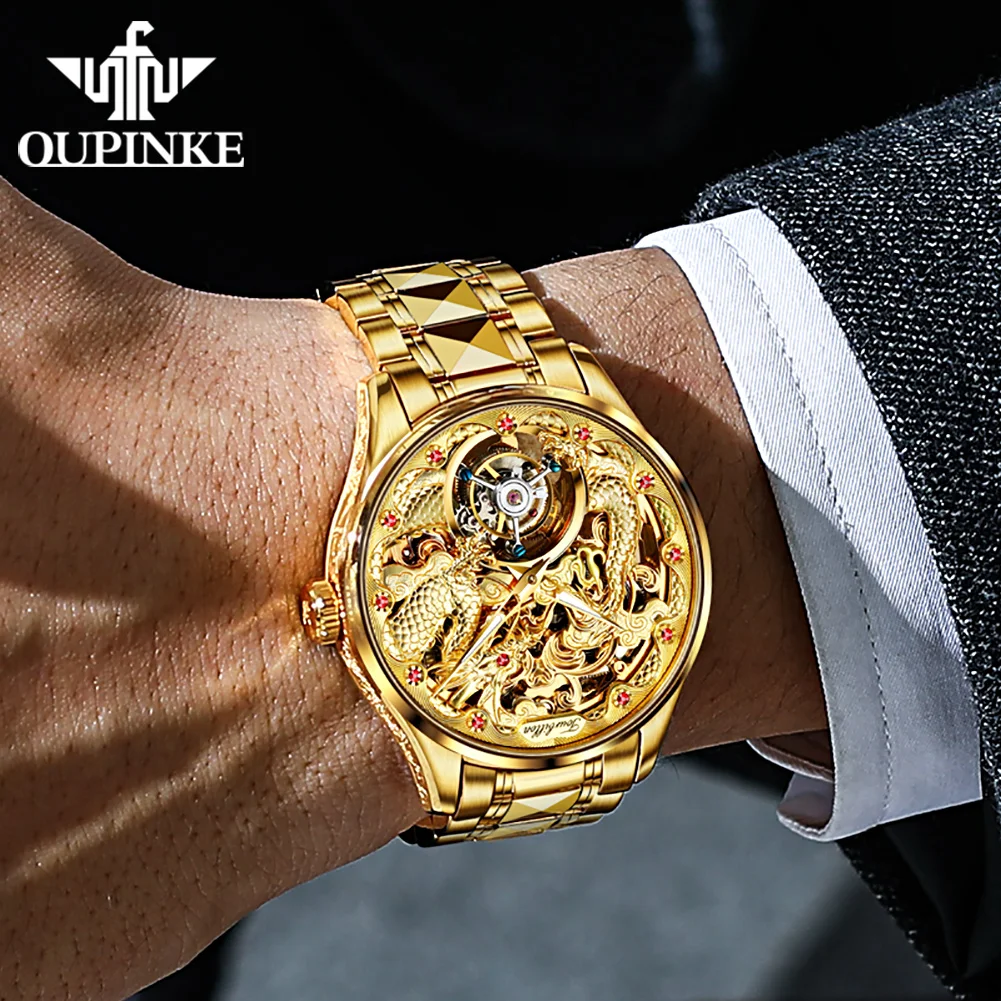 OUPINKE Top Brand Men's Watches High Quality Tourbillon Movement Automatic Mechanical Watch Tungsten Steel Strip Gold Male Watch