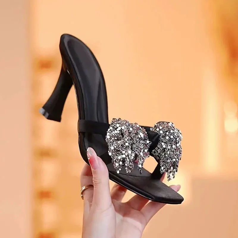 Fashion Stiletto Slippers Summer New Square Toe Shallow Mouth Open Toe Crystal Bow Non-Slip Wear-Resistant Flip-Flops
