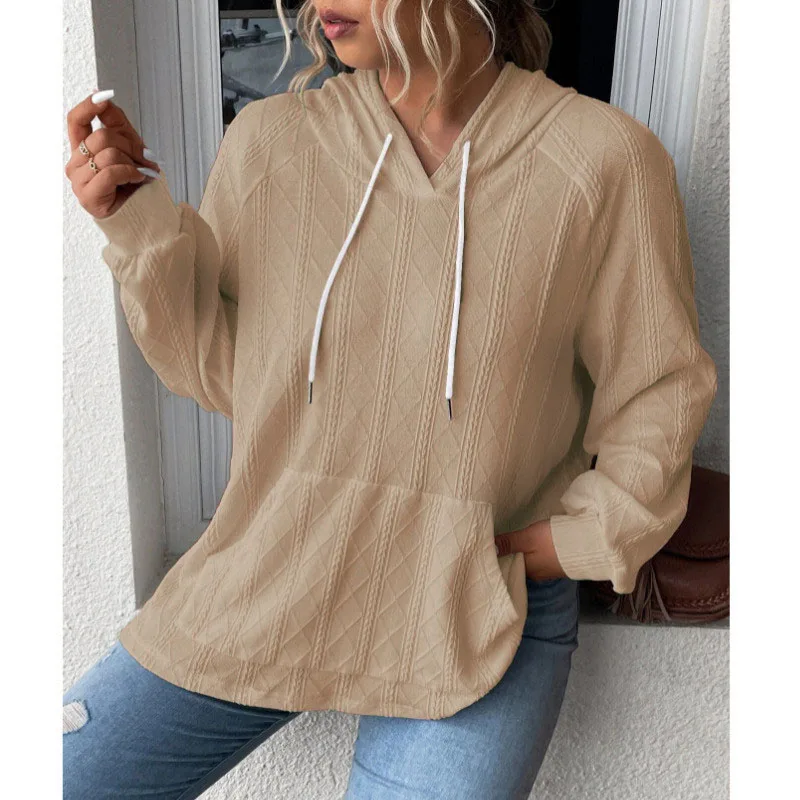 2023 Autumn and Winter Women's Fashion Jacquard Patch Pocket Loose Large Hooded Casual Simple Commuter Pullover Panel Sweater