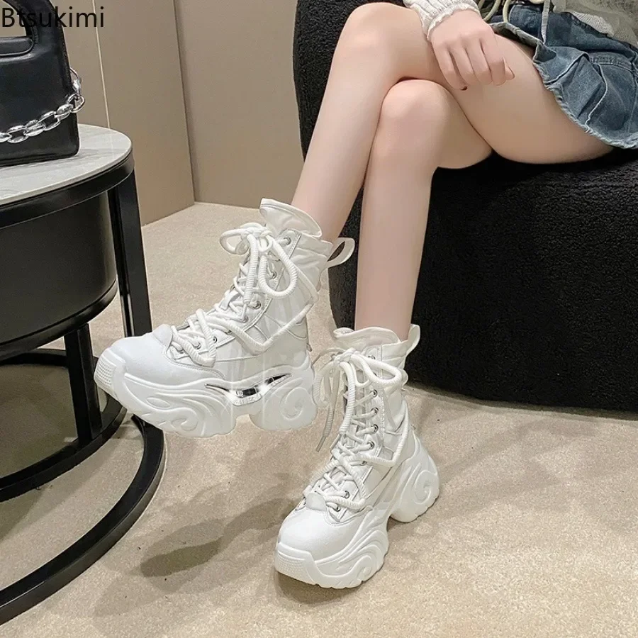 New 2024 Women's Chunky Platform Motorcycle Boots Women Solid Lace Up Thick Bottom Shoes Woman Autumn Winter Punk Ankle Booties
