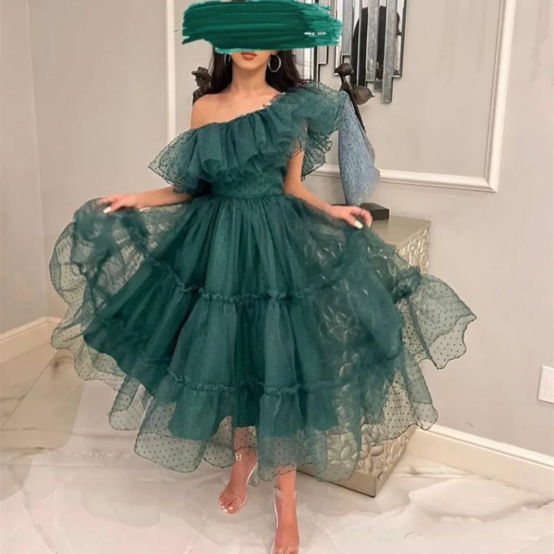 

Vintage Short Green Tulle One Shoulder Evening Desses A-Line Pleated Muslim Tea Length Prom Dresses for Women