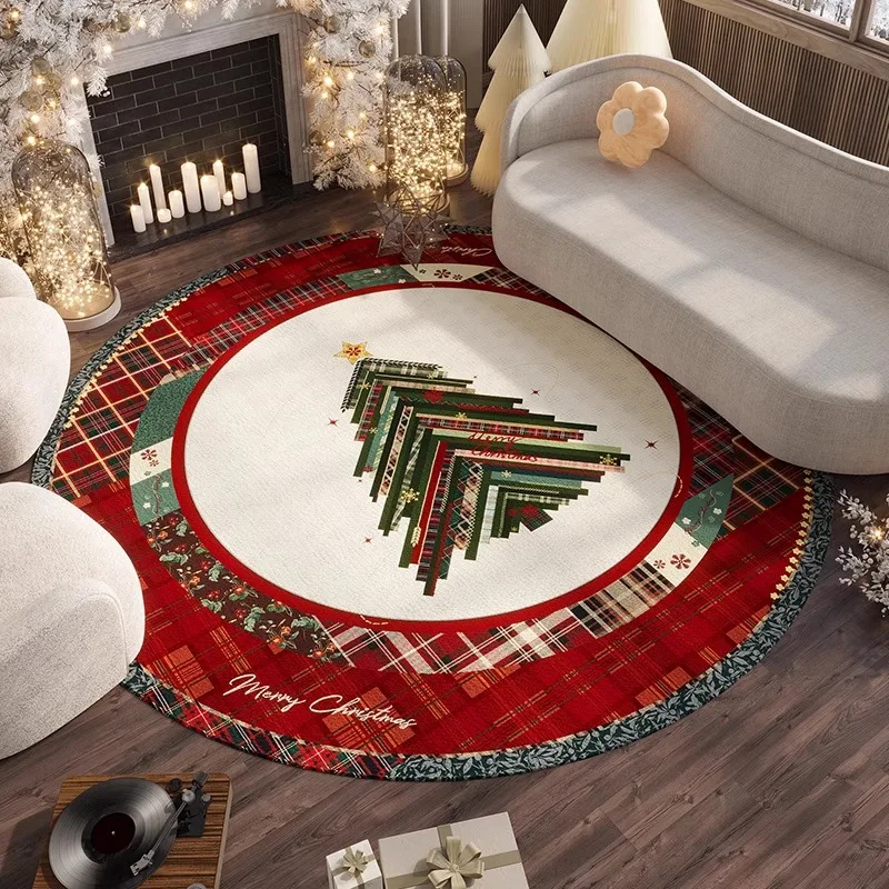 Round Scottish Living Room Carpet Elk Christmas Tree Bedroom Soft Rug Holiday Surprise Gift Colorful Plaid Mat 러그 Ковер Alfombra