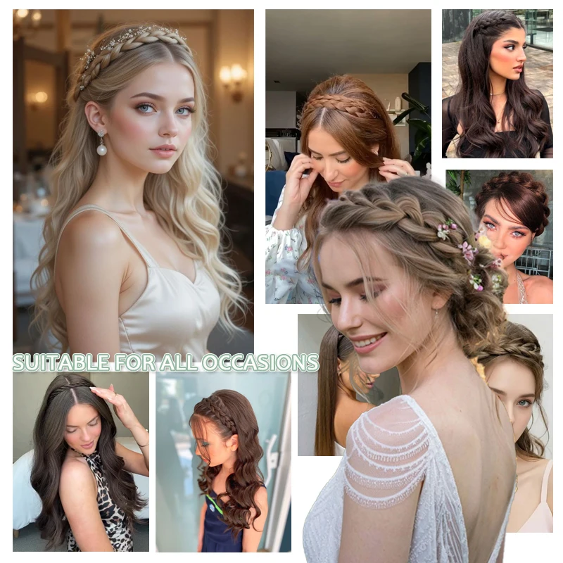 Synthetic Wig Braided Headband Adjustable Hoop Hairband with BB Clips&Velcro Fashion Hair Accessories Suitable for All Occasions