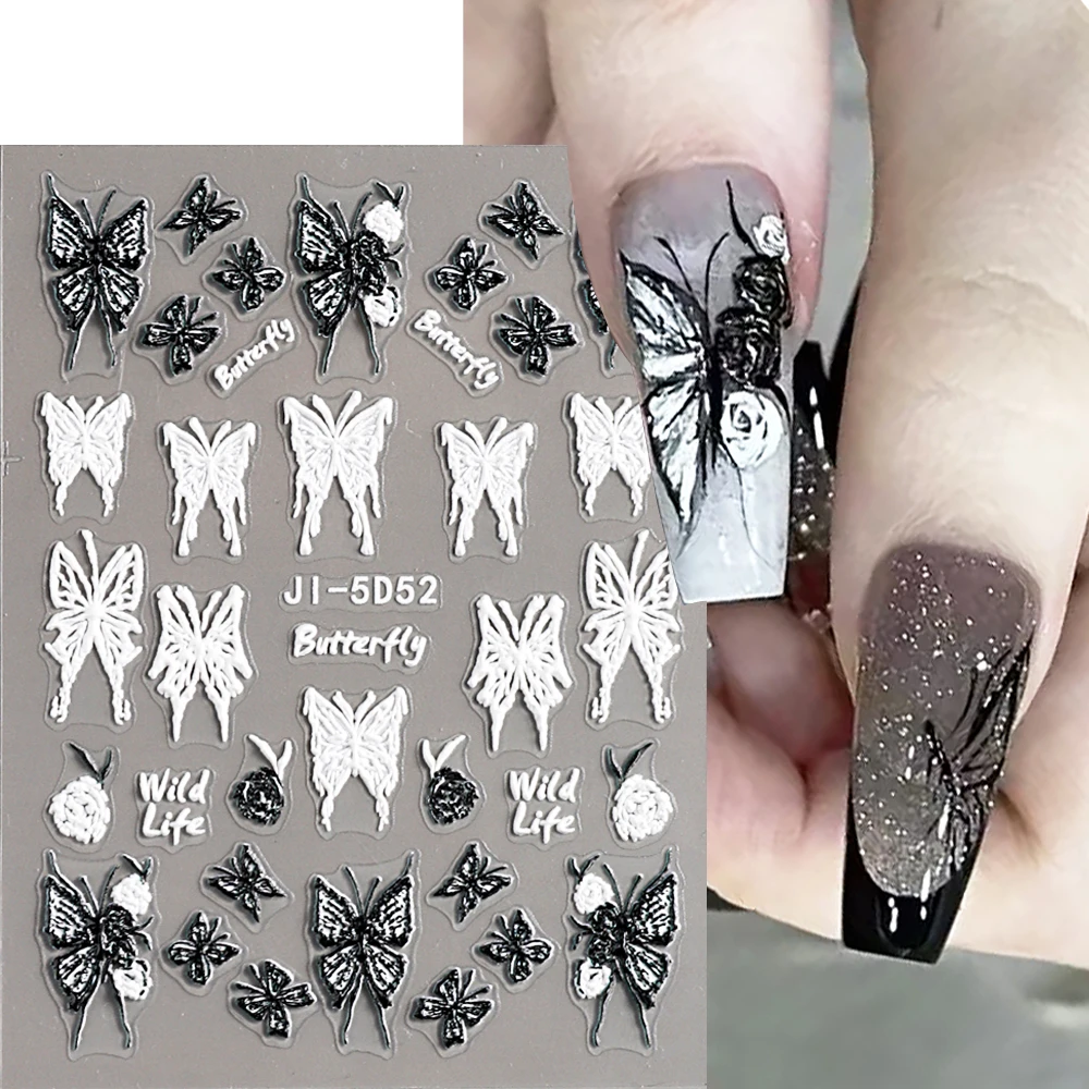 5D Embossed Black White Butterfly Nail Art Stickers Elegant Wedding Design Nail Decals Summer DIY Manicure Decoration NTJI-5D52