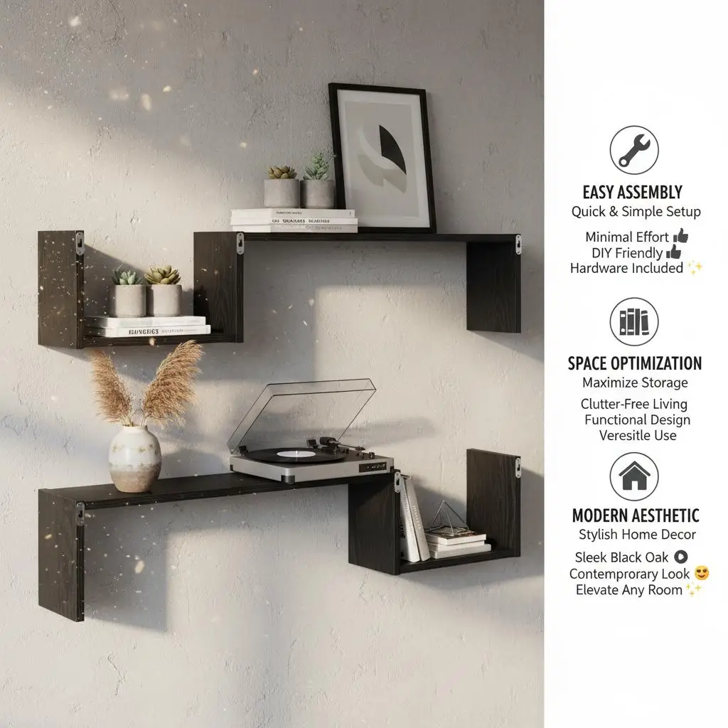 2er-Set Wandregale aus schwarzem Eichenholz, 100x15x20 cm, Holztechnik, moderne schwebende Regale für Aufbewahrung und Dekoration – Detail 3