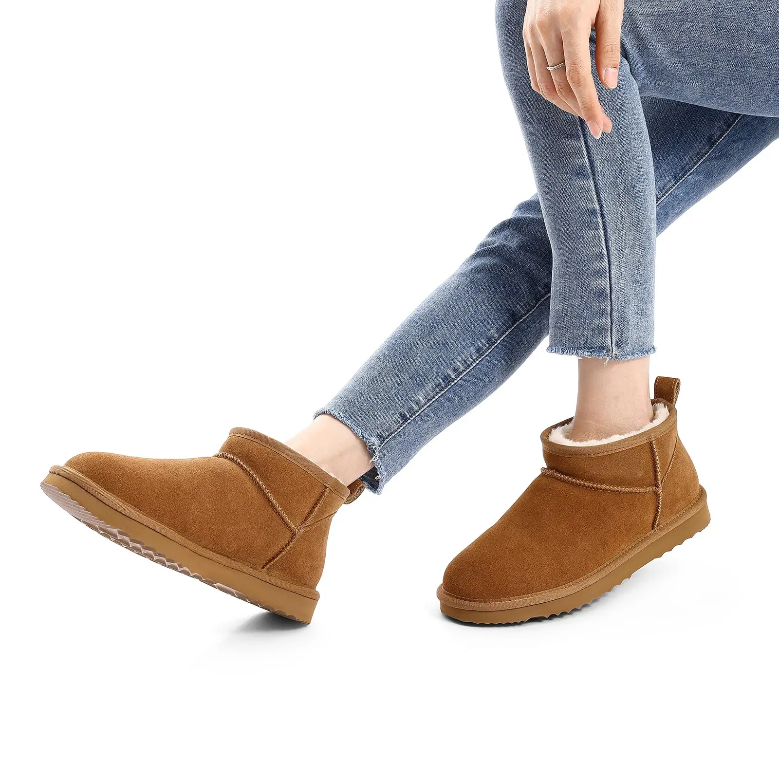 Echte Wildleder-Ministiefel für Damen, Winter-Fuzzy-Schneestiefel, kurze Stiefeletten mit Fell gefüttert, hochwertige Schneestiefel der Modemarke – Detail 13