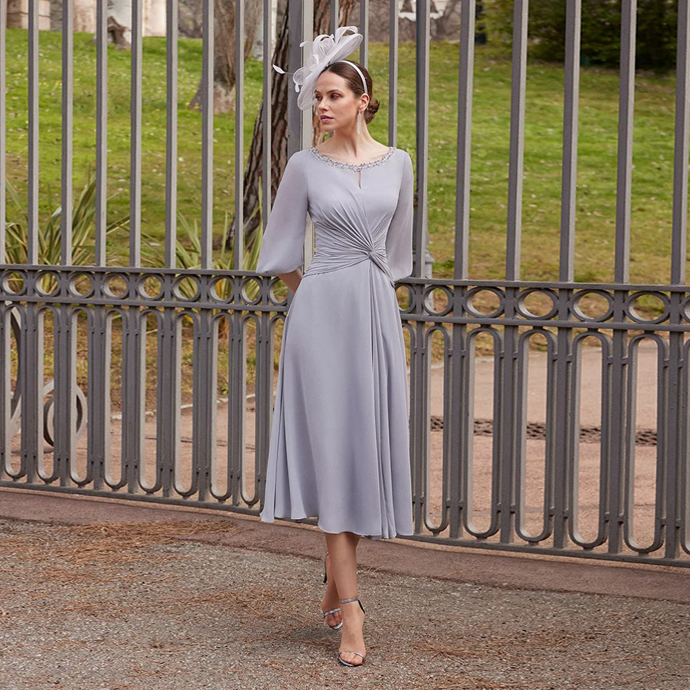 

Gray Chiffon Mother of The Bride Dress Scoop Neck 3/4 Sleeves Beading Pleat Tea Length A Line Summer Lady Wedding Guest Gown