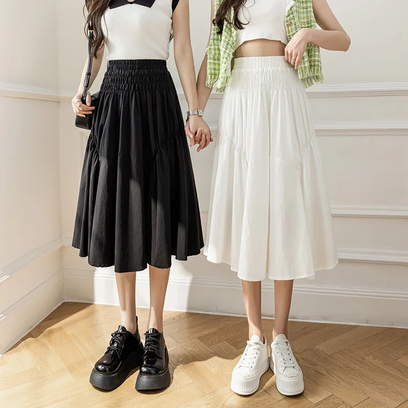 

2023 New Arrival Spring Summer Korean Style Women Loose Casual Solid A-line Elastic Waist Patchwork Mid-calf Skirt V244