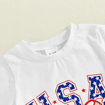 Infant Girl Patriotic Outfit American Flag Print Ruffle Sleeve Top and Denim Shorts Set for 4th of July Celebration 5