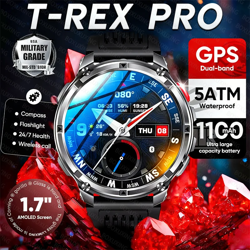 2026 New T-Rex3 Pro 1100mAh Battery Smart Watch GPS path 5ATM Waterproof Sports Run tracker Outdoors Compass Military Smartwatch 1