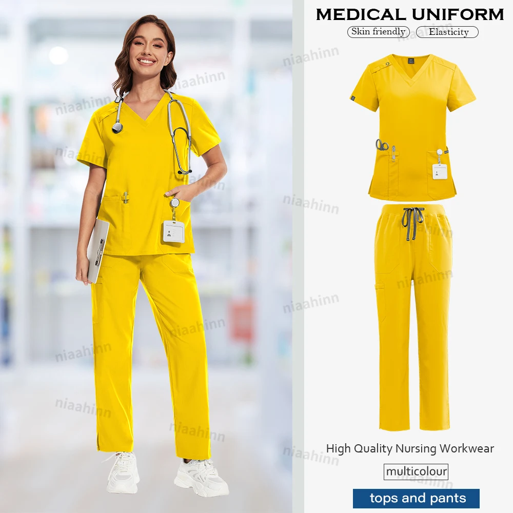 Niaahinn Arbeitskleidung Stretch Scrubs Uniformen Sets Krankenschwester Scurb Uniform Frauen Medizinische Scrubs V-ausschnitt Kurzarm Gerade Hosen Sets – Detail 8