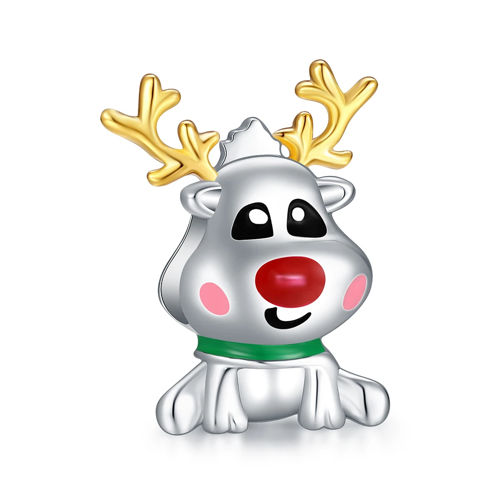 

925 Sterling Silver Cute Reindeer Beads Enamel Charm Fit European Bracelet/Necklace Jewelry For Women Friends Christmas Gifts