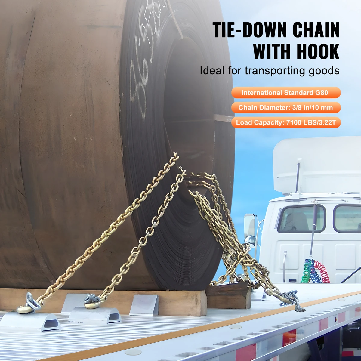 SucceBuy 10/14ft G80 Transport Binder Chain 3/8" 5/16" Tow Chain with Clevis Grab Hooks Trailer Logging Chain for Towing Truck — view 2