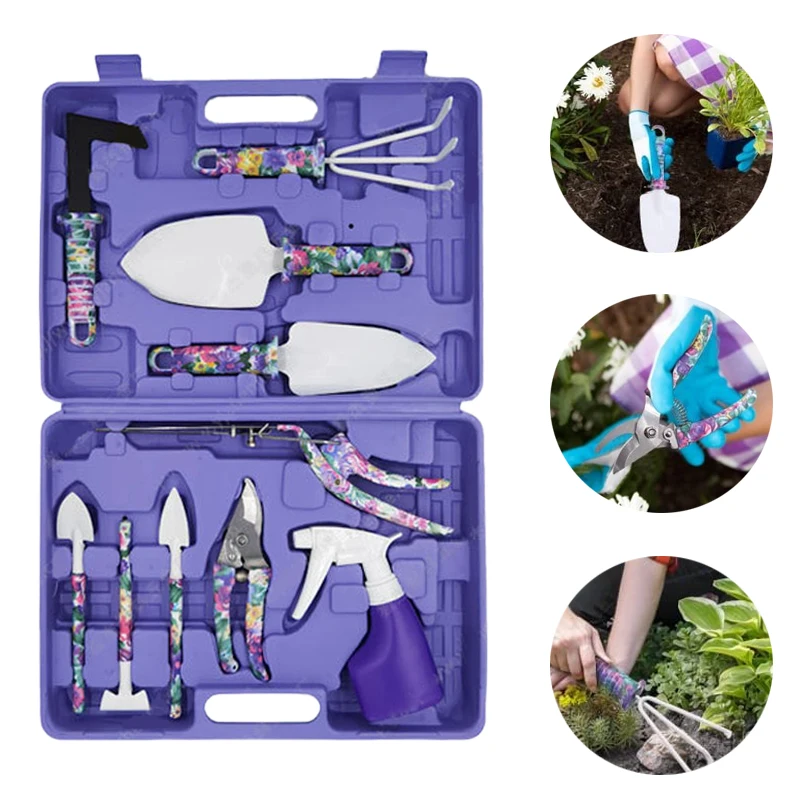 

10Pcs Garden Plant Tool Set With Floral Print Household Trowel Rake Weeder Pruner Shears Sprayer Tools Kit Portable Hand Tools