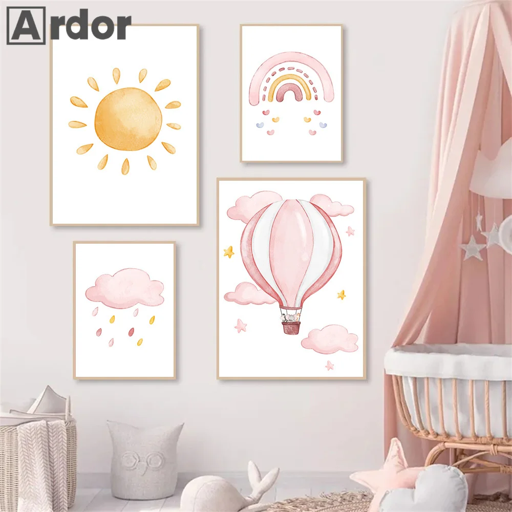 

Pink Sun Cloud Rainbow Hot Air Balloon Nursery Nordic Posters And Prints Wall Art Canvas Painting Pictures Baby Kids Room Decor