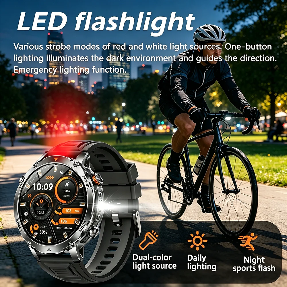 2026 Military 1400 Mah battery smartwatch, men's outdoor flashlight, IPX8 waterproof,100+sports,Bluetooth call, fitness band 5