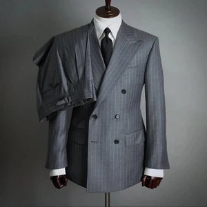 Formal Suits Men For Wedding Grey Stripe Double Breasted Jacket Pants 2 Pieces Banquet Business Party Groom Tuxedos Custom Made