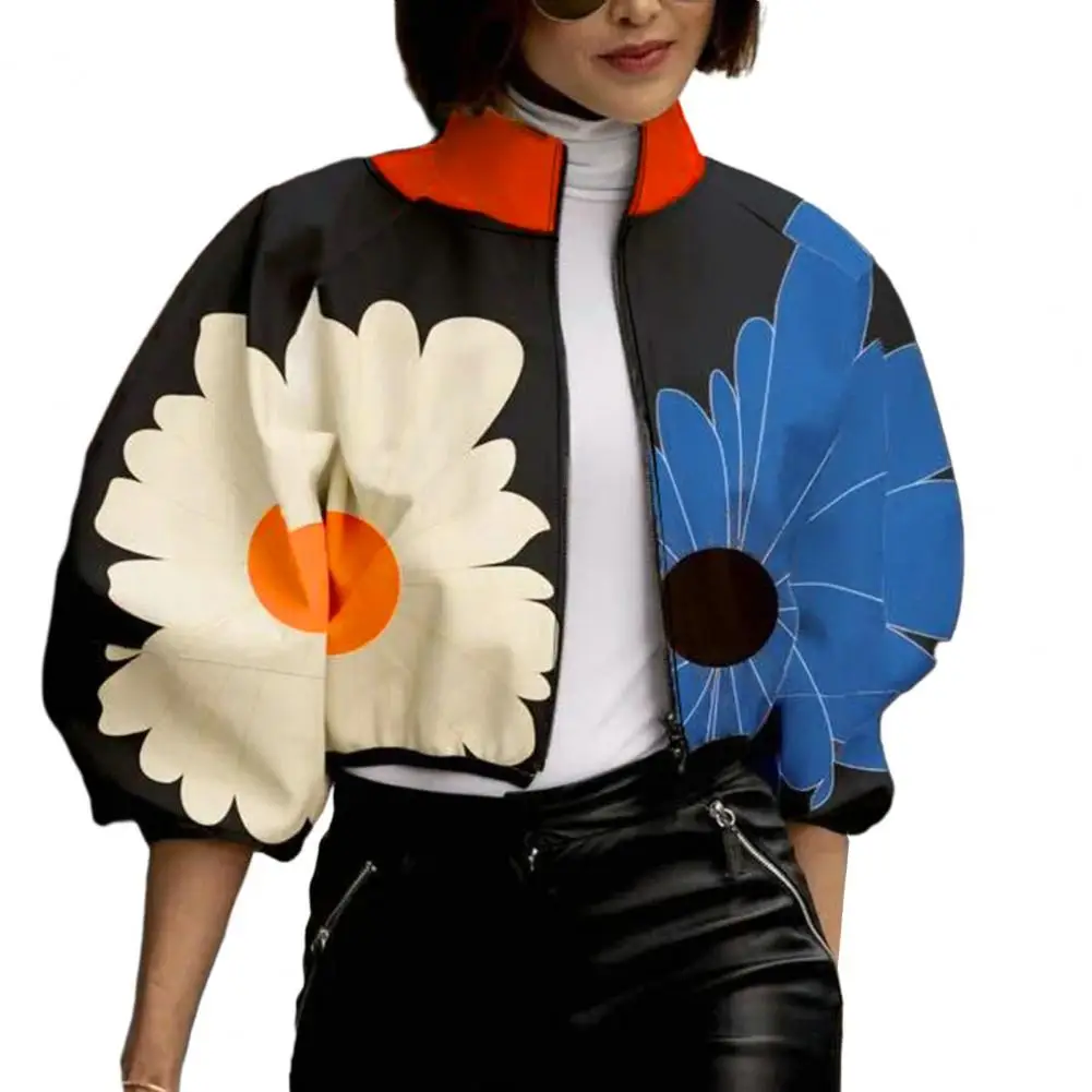 

Women Jacket Stylish Stand Collar Women's Jacket with Color Matching Dot Print Zipper Closure Short Type Loose Long for Lady's