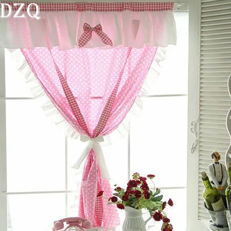 

150*200 South Korea Sweet Bow Tie Curtains Living Room Rural Gauze Warp Ruffled Polka Dots Curtain for Kitchen Balcony #A181