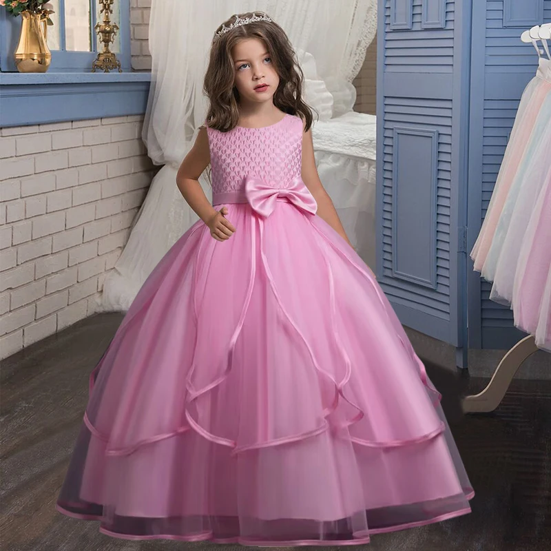 

4-14T New Girl Dress Embroidery Sleeveless Bowknot Dress Children's Birthday Party Wedding Dress Girl Tulle Princess Dress