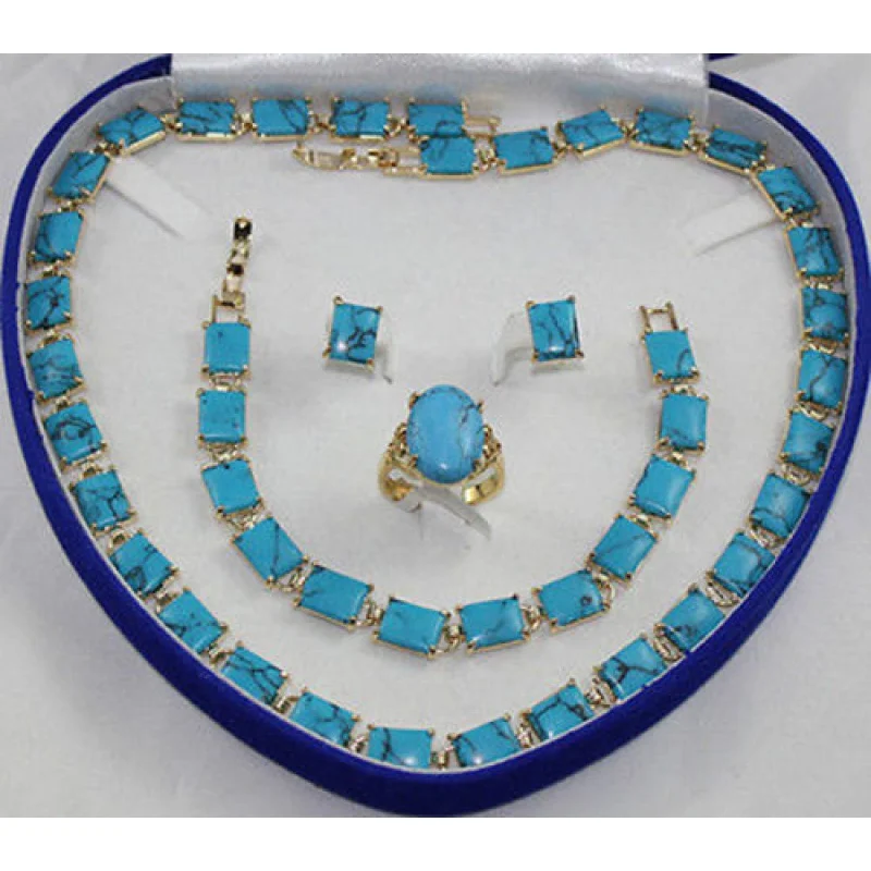 

Turquoise stone necklace bracelet earring ring set