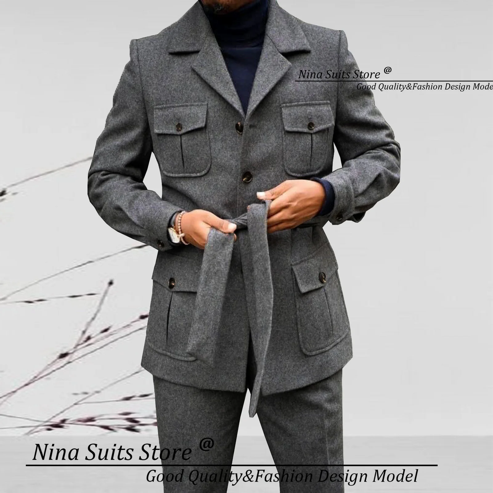 Gwenhwyfar Winter Blazer Pants set Men Party Tuxedos White Grey Tweed Formal Men Suits Made Business Suits with Belt