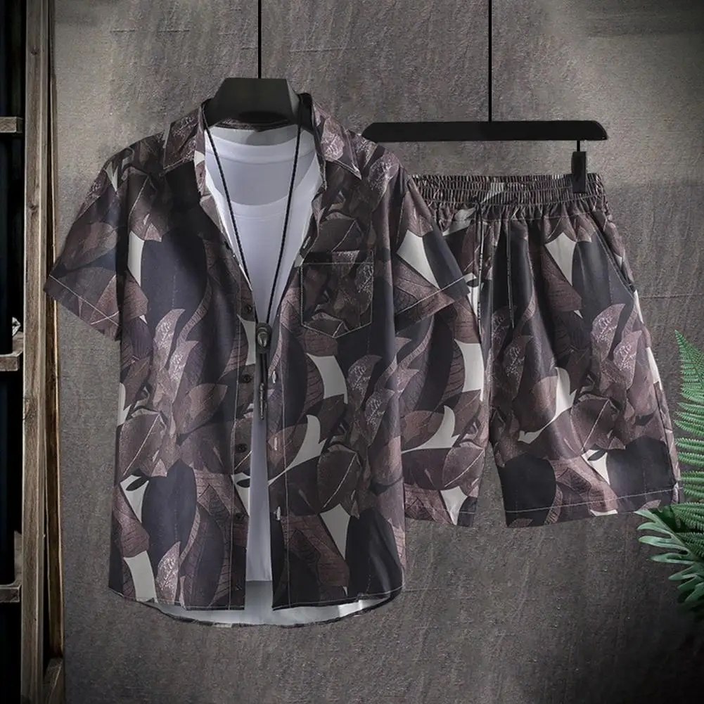

Summer Sports Suit Fine Workmanship Activewear Men's Summer Hawaiian Print Shirt Shorts Set with Elastic for Men for Vacation