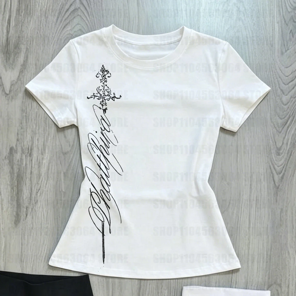 รูปสินค้า เสื้อยืดวินเทจ คอวี ทรงเข้ารูป ลายกรันจ์ กอธิค Y2K