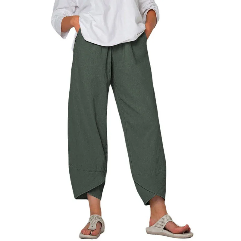 Spring and Summer New Women's Cotton Hemp Wide Leg Pants Solid Color Large Size High Waist Loose Casual Nine-point Pants Women