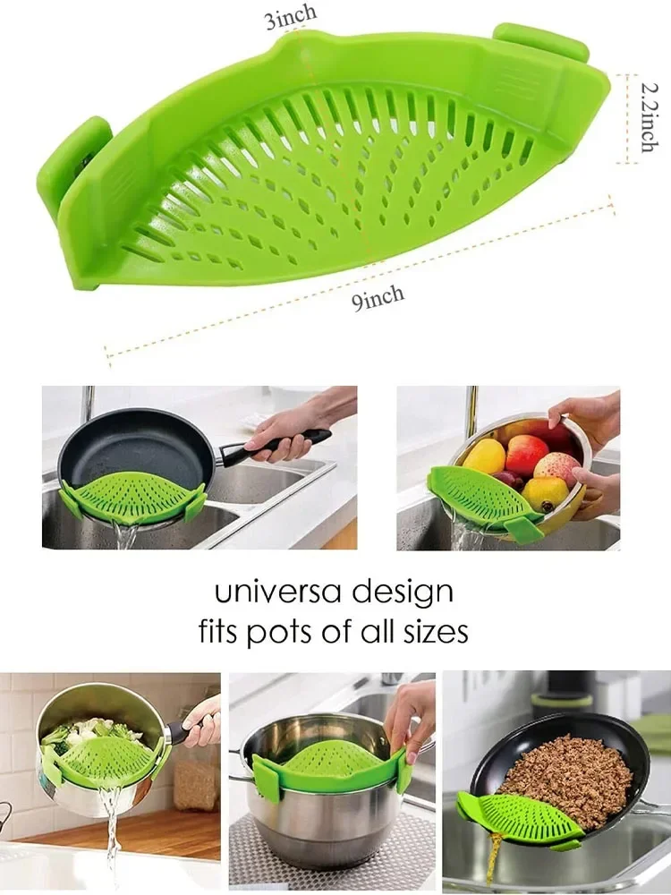 Universal Silicone Pot Edge Drainer Kitchen Clip-on Pan Pot Anti-spill Strainer Fruit Vegetable Washing Filter Noodles Colander