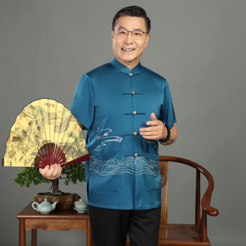 Middle-Aged and Elderly Tang Suit Chinese Style for Men Summer Thin Embroidered Xiangyun Short-Sleeved Top