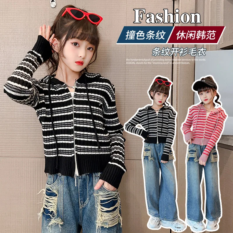 

Korean Spring Autumn School Girl Knitted Cardigan Teenager Girl Hooded Striped Sweater Tops Junior Girl Zipper Knitwears