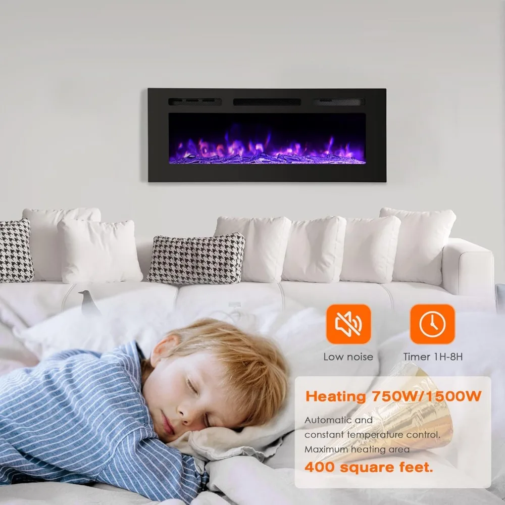 Electric Fireplace 40inch Wall Mounted, Wall Fireplace Electric with Remote Control, Recessed