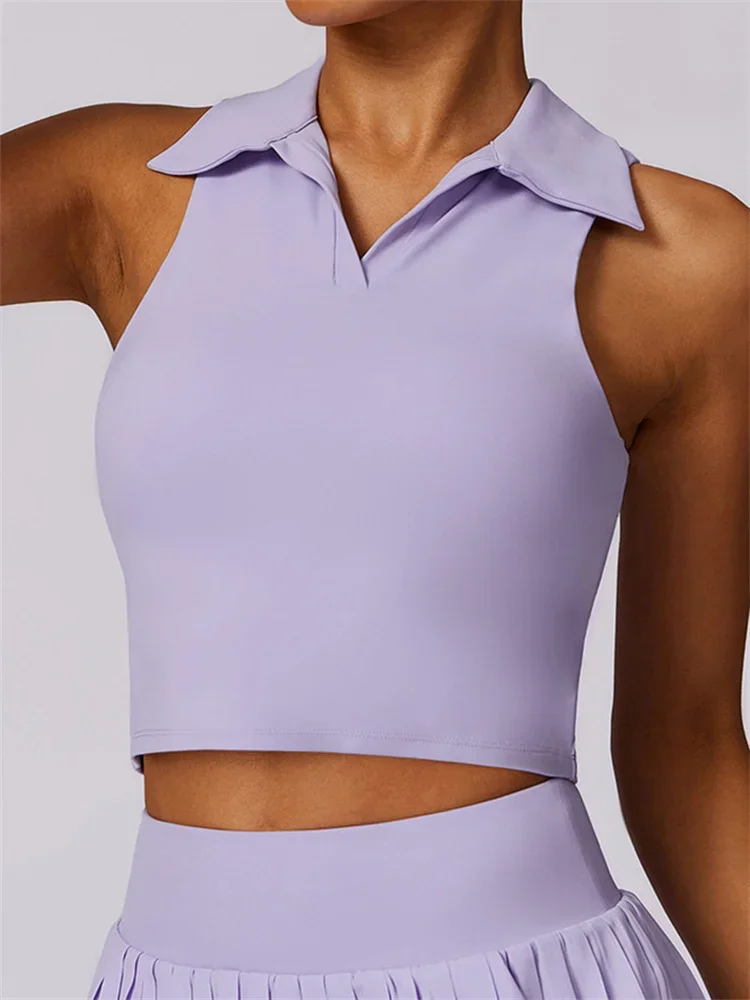 Sport Tank Top Nude Tight Turn Down Collar Polo Shirt Tennis Clothes Women's Sleeveless Running Fitness Training Badminton Wear