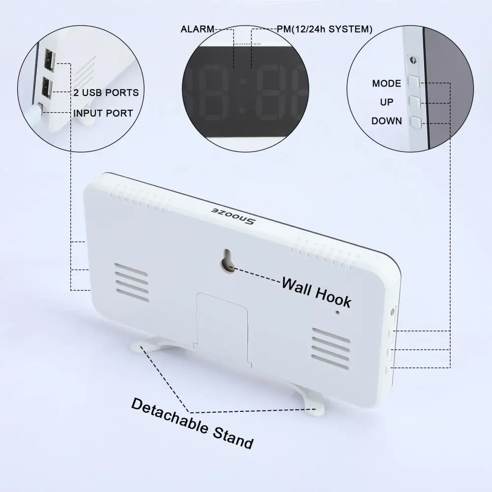 LED Digital Alarm Clock Mirror Surface Light Sensing 3 Adjustable Brightness Clock with Dual USB Ports despertador digital wall clock