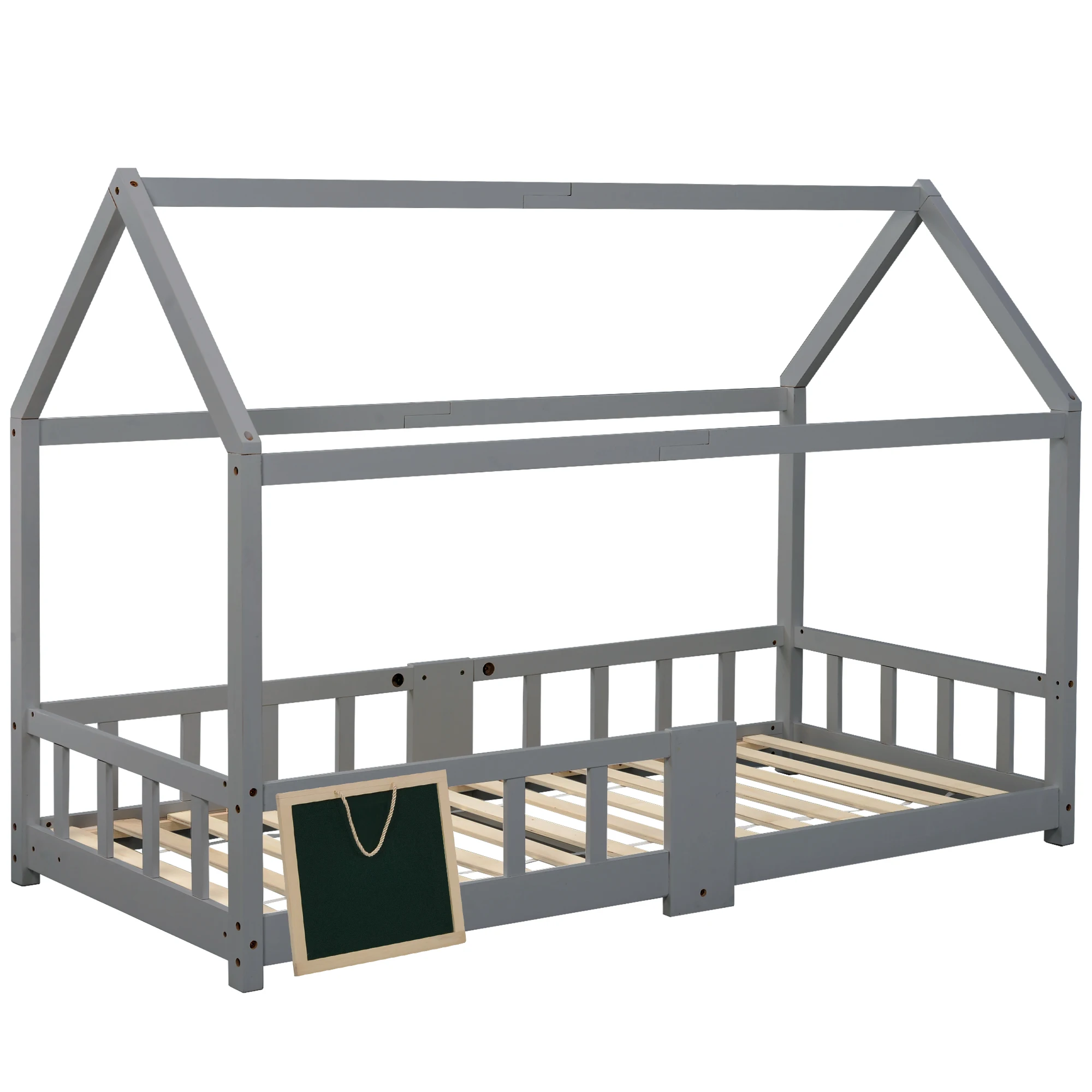 Kinderhausbett 90 x 200 cm aus Kiefernholz in Grau, inklusive Lattenrost und Rausfallschutz (ohne Matratze). – Detail 10