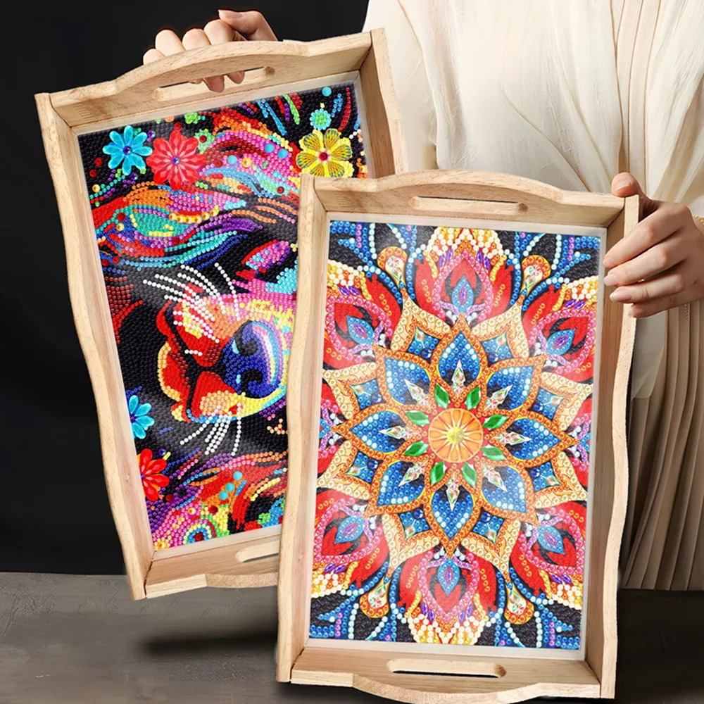 

DIY Diamond Painting Kitchen Tools Handmade Wooden Tray Dinner Plate Tea Tray Coffee Tray 5D Diamond Painting Mandala Gift