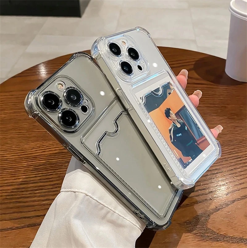Transparent Card Bag Holder Phone Case For iPhone16 11 12 13 14 15 ProMax X Xs Max XR Plus Mini Wallet Silicone Shockproof Cover